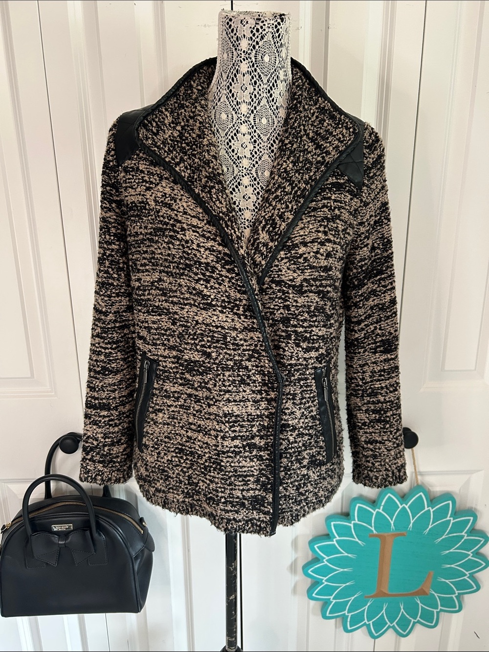 Alison Sheri Tweed Bouclé Asymmetrical Moto Knit sweater jacket w/faux leather S